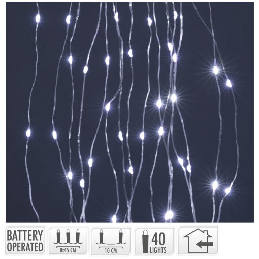 Ezüst drótkábeles korbács 40 LED-es elemes (elem nélkül) hideg